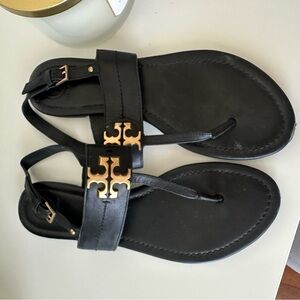 Tory Burch Black Sandals with Gold Accents